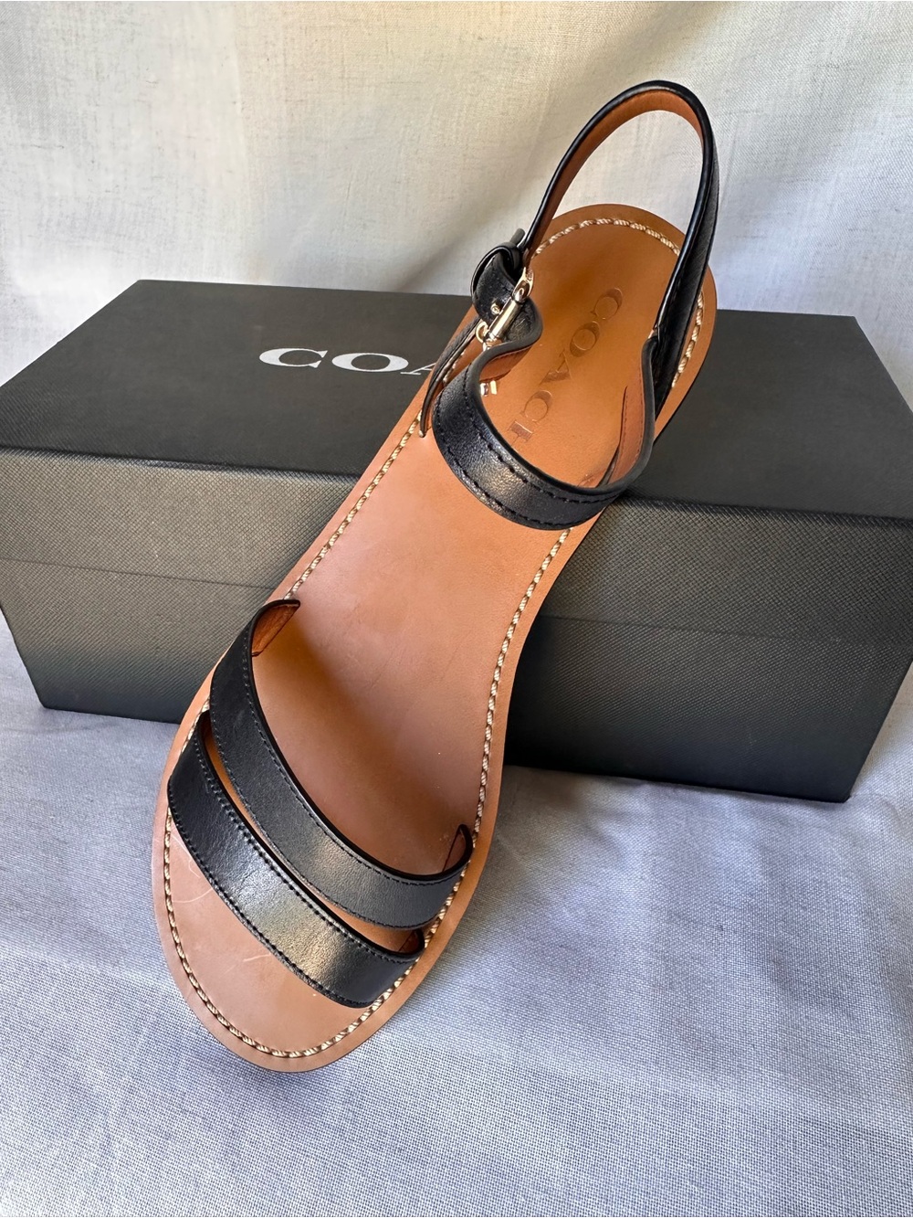 Coach Black and Brown Leather Ankle-Strap Sandal for Women